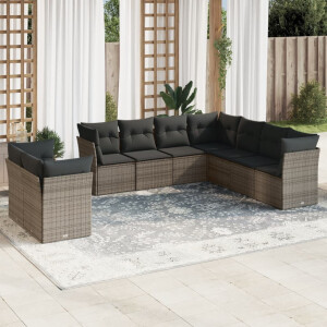 vidaXL 9-delige Loungeset met kussens poly rattan grijs