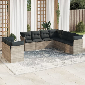 vidaXL 9-delige Loungeset met kussens poly rattan lichtgrijs