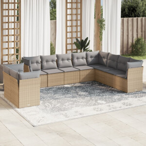 vidaXL 10-delige Loungeset met kussens poly rattan beige