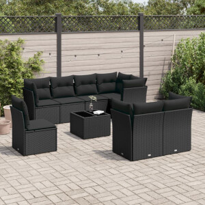 vidaXL 9-delige Loungeset met kussens poly rattan zwart