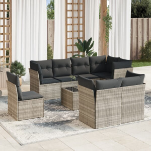 vidaXL 9-delige Loungeset met kussens poly rattan lichtgrijs