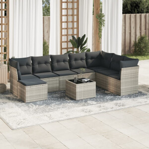 vidaXL 9-delige Loungeset met kussens poly rattan lichtgrijs
