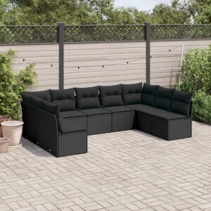 vidaXL 9-delige Loungeset met kussens poly rattan zwart