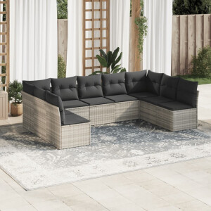 vidaXL 9-delige Loungeset met kussens poly rattan lichtgrijs
