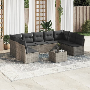 vidaXL 10-delige Loungeset met kussens poly rattan grijs