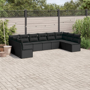 vidaXL 10-delige Loungeset met kussens poly rattan zwart