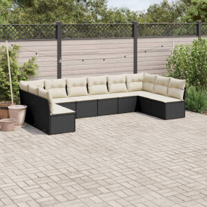 vidaXL 10-delige Loungeset met kussens poly rattan zwart