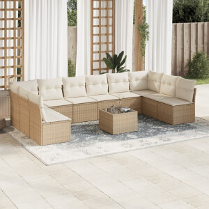 vidaXL 11-delige Tuinset met kussens poly rattan beige