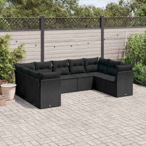 vidaXL 9-delige Loungeset met kussens poly rattan zwart