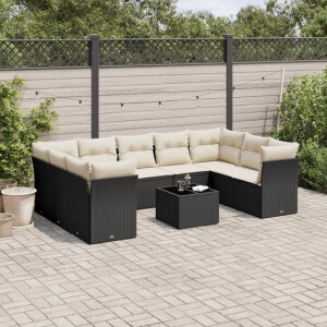 vidaXL 10-delige Loungeset met kussens poly rattan zwart