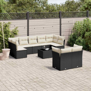 vidaXL 10-delige Loungeset met kussens poly rattan zwart