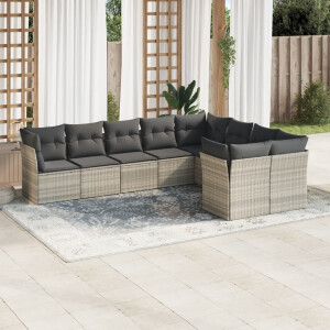 vidaXL 9-delige Loungeset met kussens poly rattan lichtgrijs