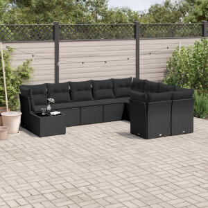 vidaXL 10-delige Loungeset met kussens poly rattan zwart