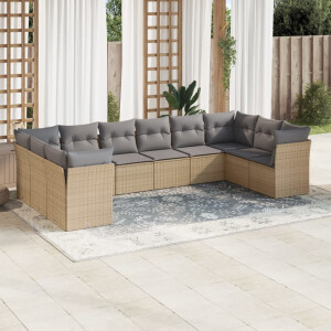 vidaXL 10-delige Loungeset met kussens poly rattan beige