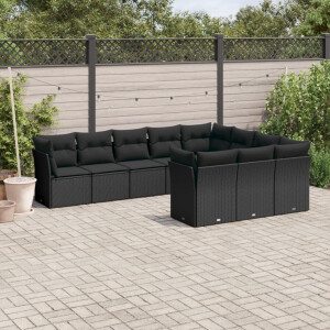 vidaXL 10-delige Loungeset met kussens poly rattan zwart