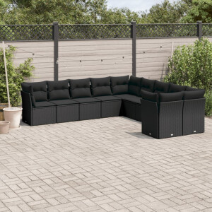 vidaXL 10-delige Loungeset met kussens poly rattan zwart