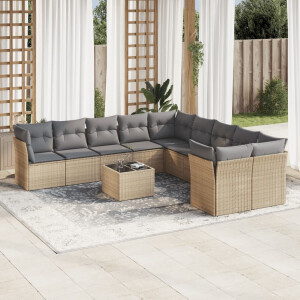 vidaXL 11-delige Tuinset met kussens poly rattan beige