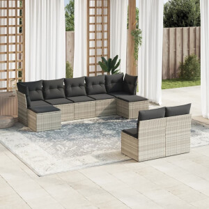 vidaXL 9-delige Loungeset met kussens poly rattan lichtgrijs