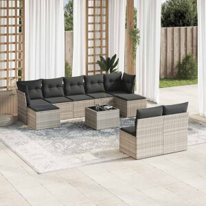vidaXL 10-delige Loungeset met kussens poly rattan lichtgrijs