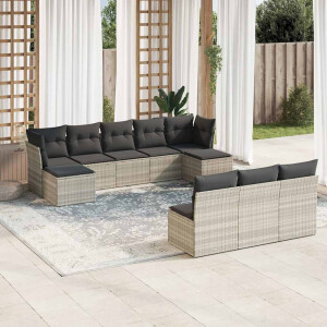 vidaXL 10-delige Loungeset met kussens poly rattan lichtgrijs