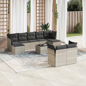 vidaXL 10-delige Loungeset met kussens poly rattan lichtgrijs