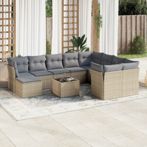 vidaXL 11-delige Tuinset met kussens poly rattan beige