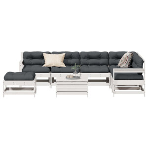vidaXL 8-delige Loungeset met kussens massief grenenhout wit