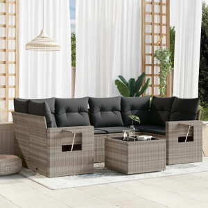 vidaXL 7-delige Loungeset met kussens poly rattan lichtgrijs