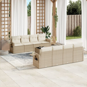 vidaXL 9-delige Loungeset met kussens poly rattan beige