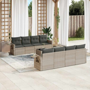 vidaXL 9-delige Loungeset met kussens poly rattan lichtgrijs