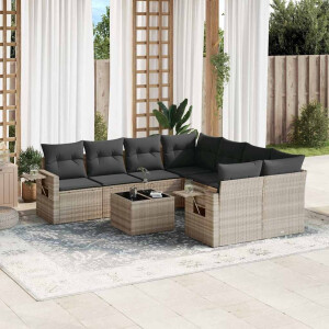 vidaXL 9-delige Loungeset met kussens poly rattan lichtgrijs