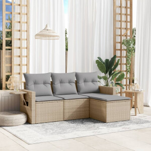 vidaXL 4-delige Loungeset met kussens poly rattan beige