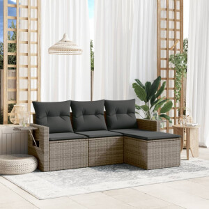 vidaXL 4-delige Loungeset met kussens poly rattan grijs