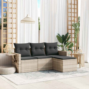 vidaXL 4-delige Loungeset met kussens poly rattan lichtgrijs
