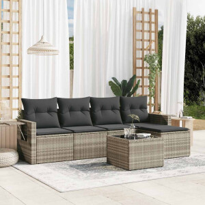 vidaXL 6-delige Loungeset met kussens poly rattan lichtgrijs