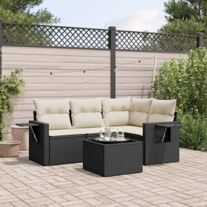 vidaXL 5-delige Loungeset met kussens poly rattan zwart