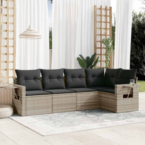 vidaXL 5-delige Loungeset met kussens poly rattan lichtgrijs