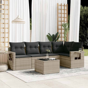 vidaXL 6-delige Loungeset met kussens poly rattan lichtgrijs