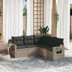 vidaXL 5-delige Loungeset met kussens poly rattan lichtgrijs