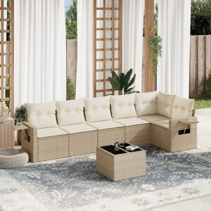 vidaXL 7-delige Loungeset met kussens poly rattan beige