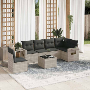 vidaXL 7-delige Loungeset met kussens poly rattan lichtgrijs