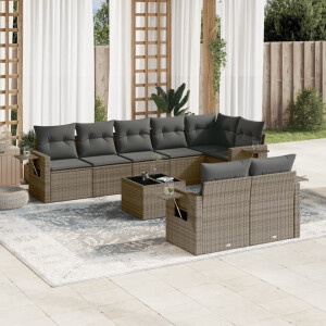 vidaXL 9-delige Loungeset met kussens poly rattan grijs
