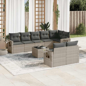 vidaXL 9-delige Loungeset met kussens poly rattan lichtgrijs