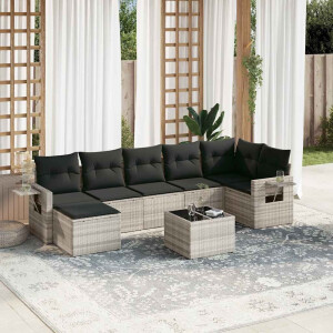 vidaXL 8-delige Loungeset met kussens poly rattan lichtgrijs
