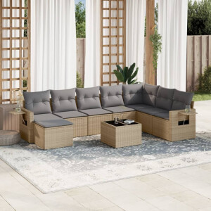 vidaXL 9-delige Loungeset met kussens poly rattan beige