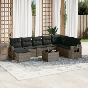 vidaXL 9-delige Loungeset met kussens poly rattan grijs