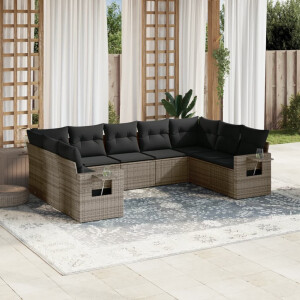 vidaXL 9-delige Loungeset met kussens poly rattan grijs