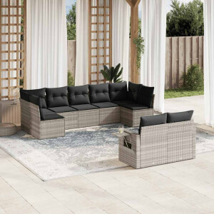 vidaXL 9-delige Loungeset met kussens poly rattan lichtgrijs