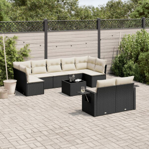 vidaXL 10-delige Loungeset met kussens poly rattan zwart