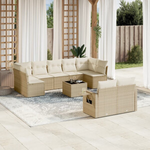 vidaXL 10-delige Loungeset met kussens poly rattan beige